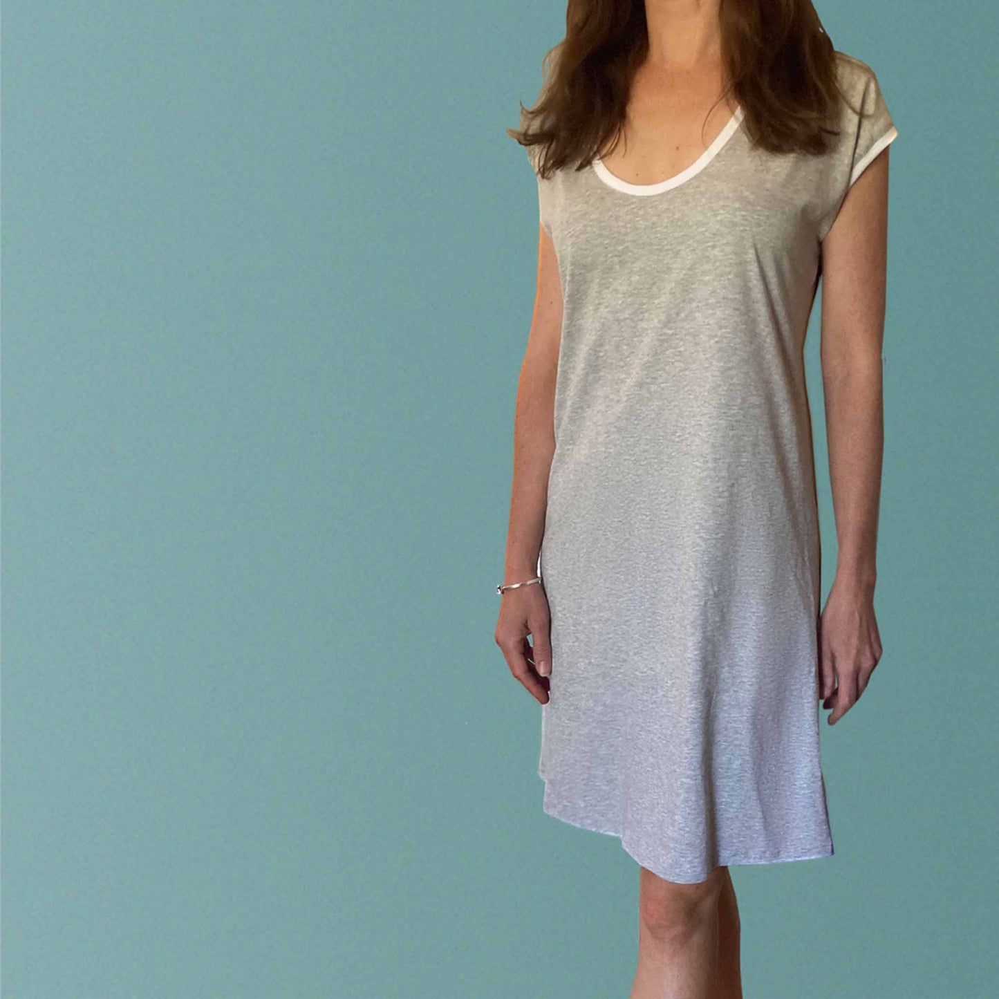 Sleep wear Australia. Organic cotton nighties Australia. Summer nightgown. Grey short nightgown with round neck and white trim.