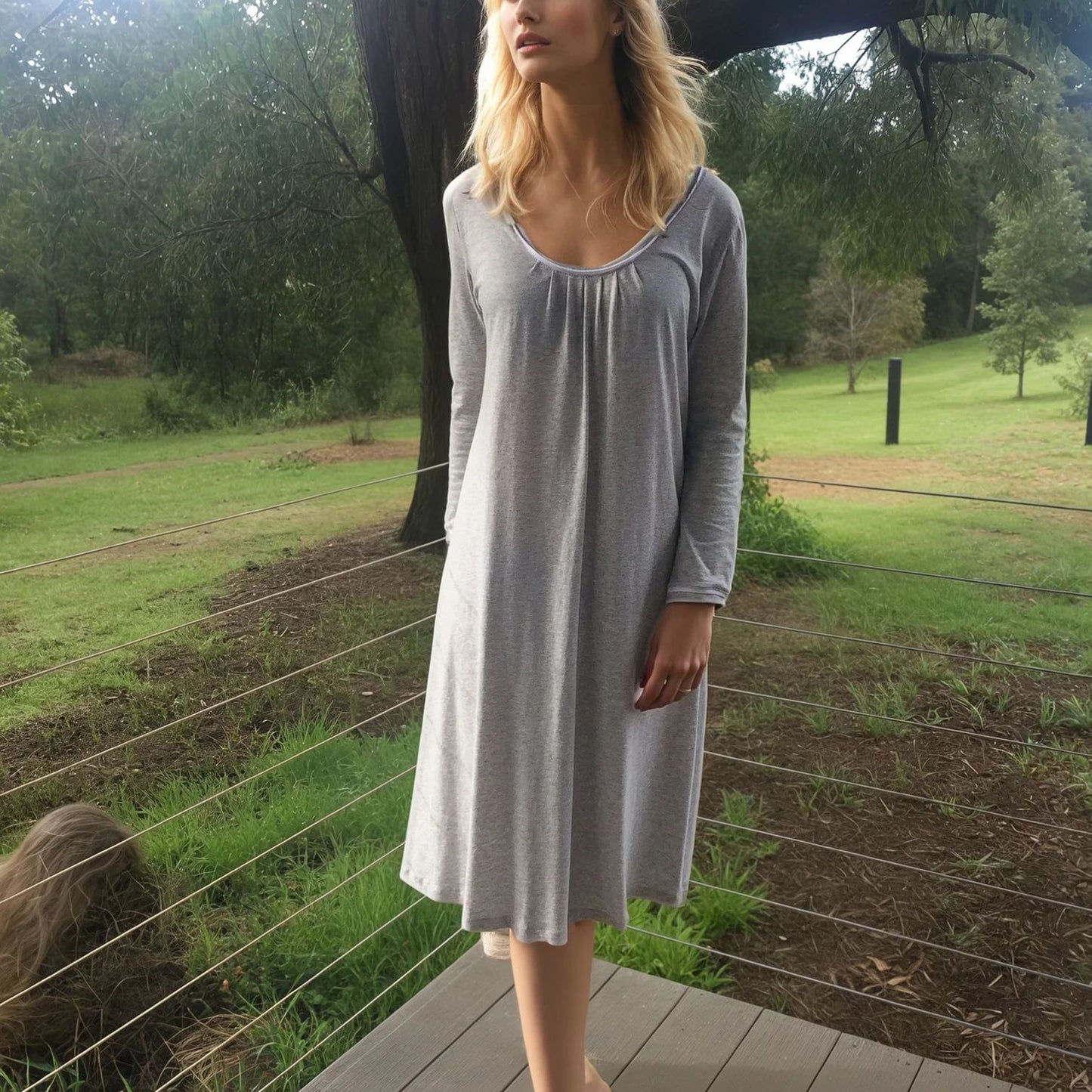 Women's winter organic cotton nightie. Australian made. Long sleeved light grey marle cotton nightie with mid calf length.