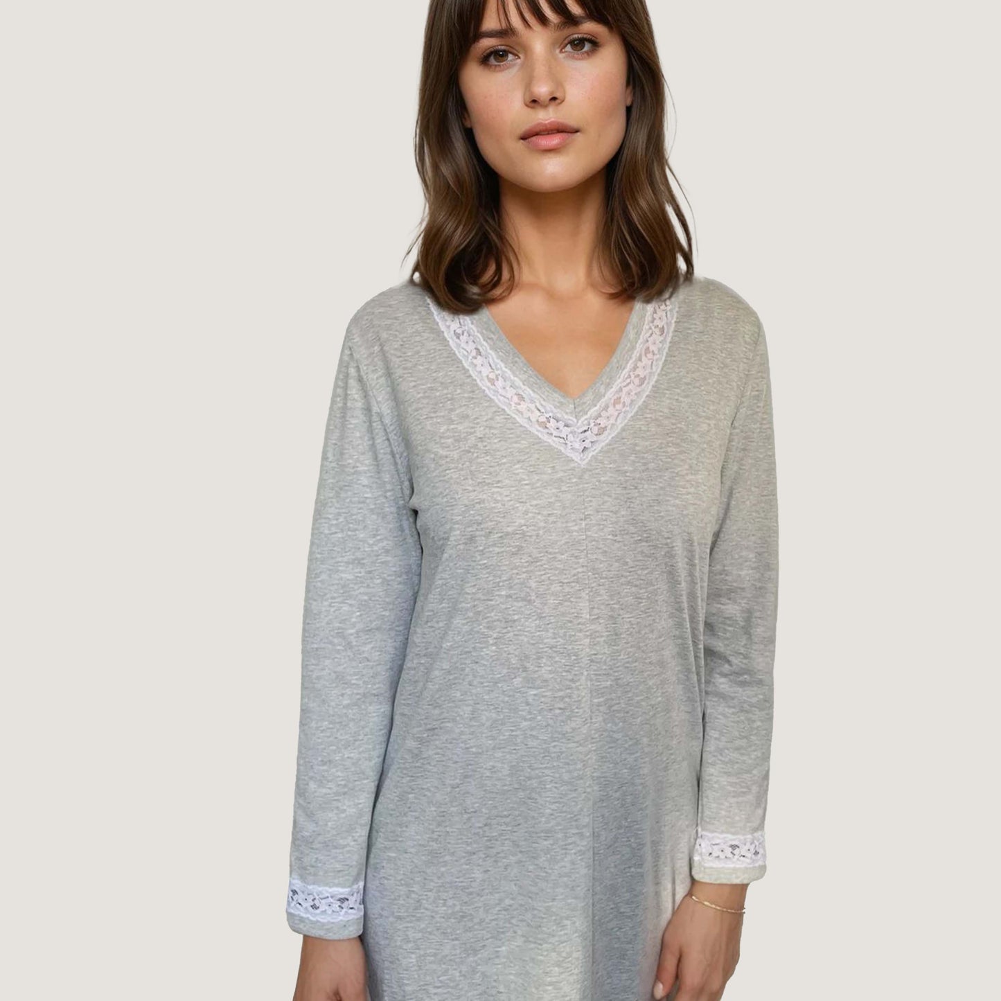 Light grey marle winter organic cotton nightie. Womens nighties Australia. Organic cotton and lace nightgown made in Australia.