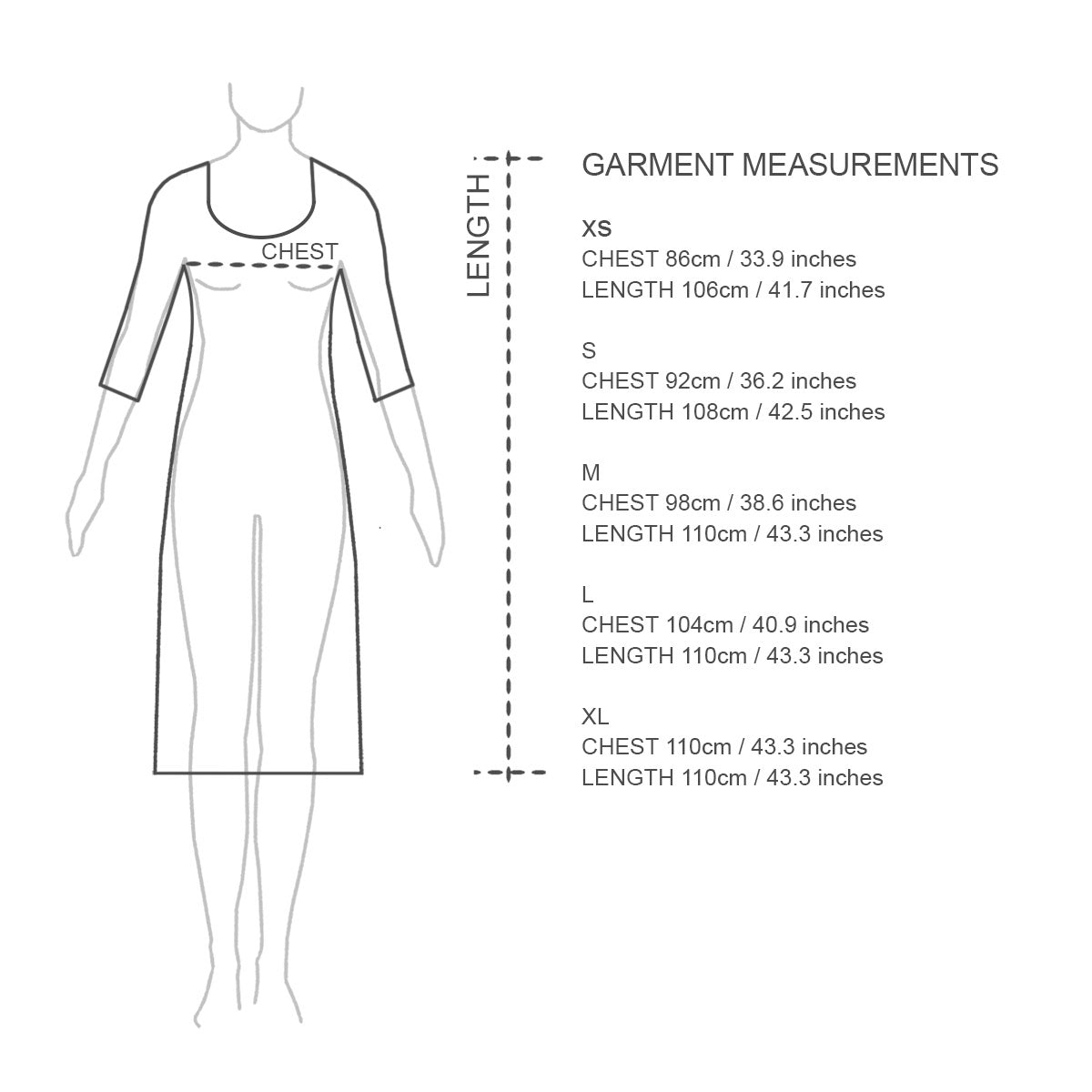 Organic cotton nightie size chart.
