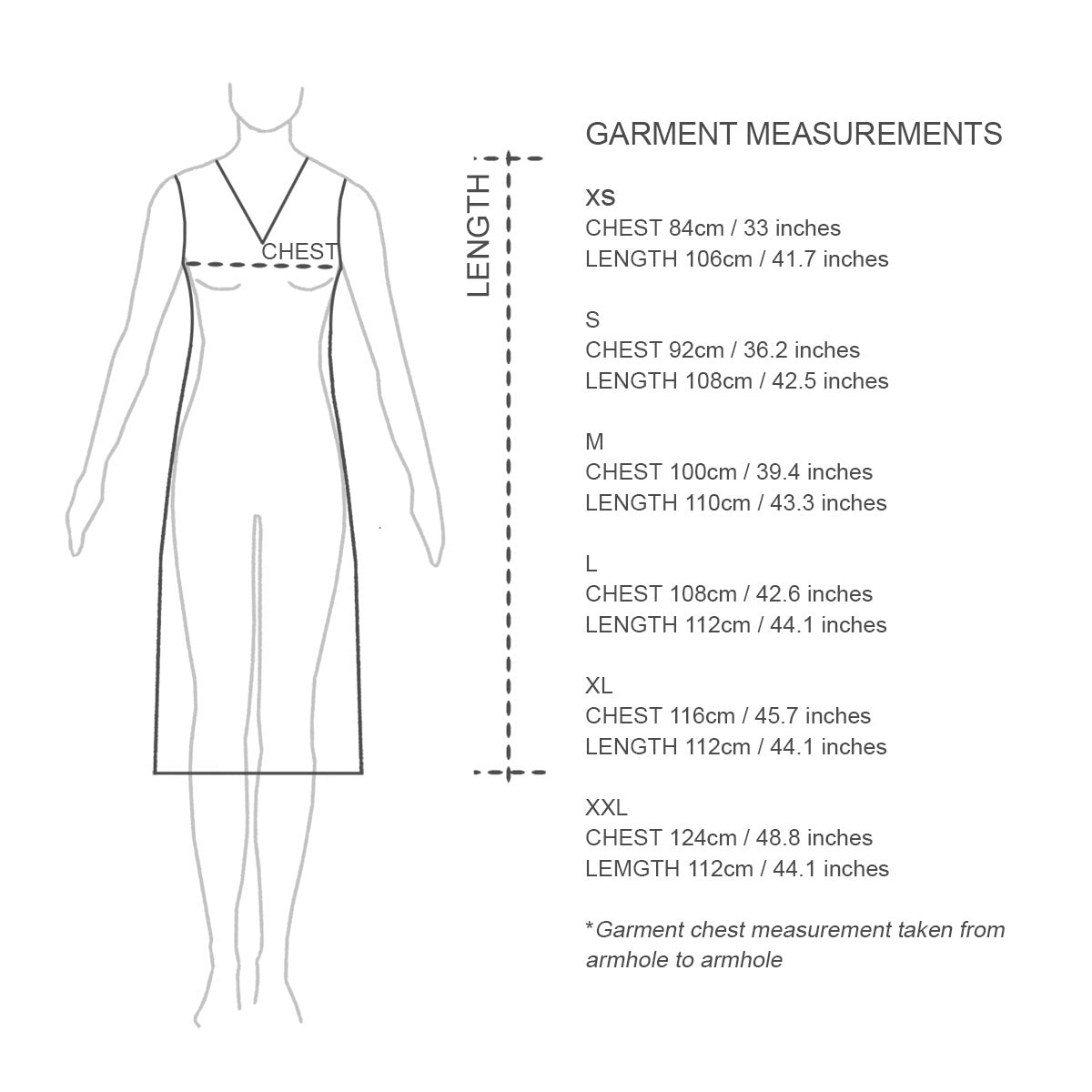 Sizing chart for Rotto organic cotton summer nightie. Australian made clothing.
