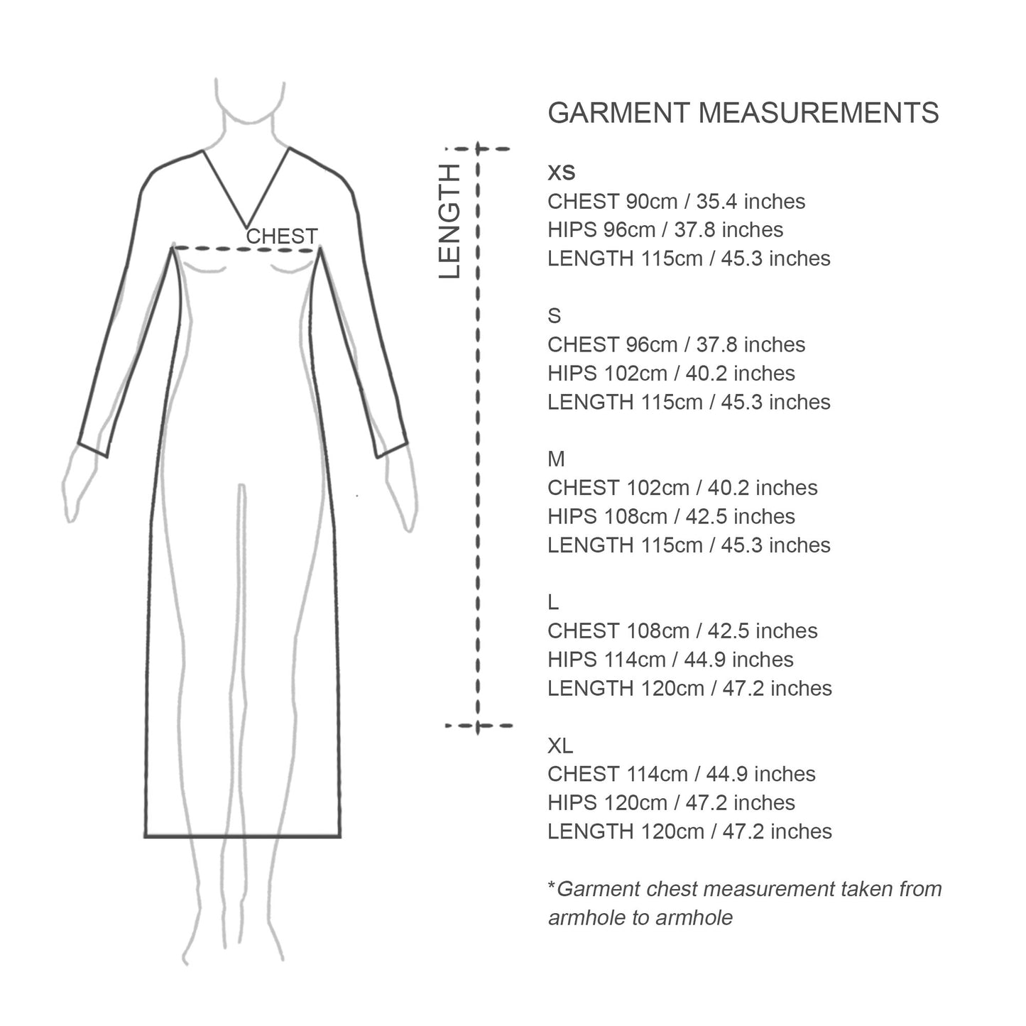 Sizing chart. Long cotton nighties Australia. Online sleepwear Australia. Ethical sleepwear. Women nighties.