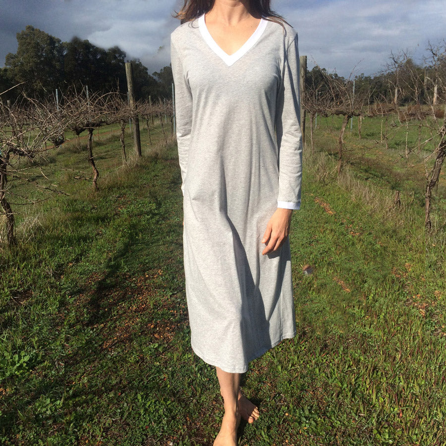 Womens organic clothing. Organic cotton nighties Australia. Winter nightie in soft white and grey organic cotton jersey. Ethical sleepwear Australia. Online sleepwear Australia