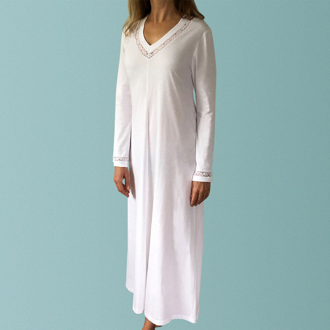 Miami winter organic cotton nightie. Womens nighties Australia. Organic cotton and lace nightgown made in Australia.