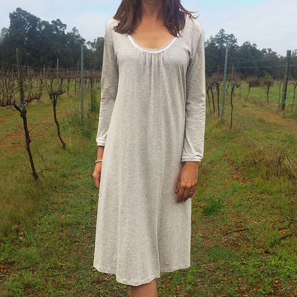 Women's winter organic cotton nightgown. Australian made. Long sleeved light grey marle cotton nightie with mid calf length.