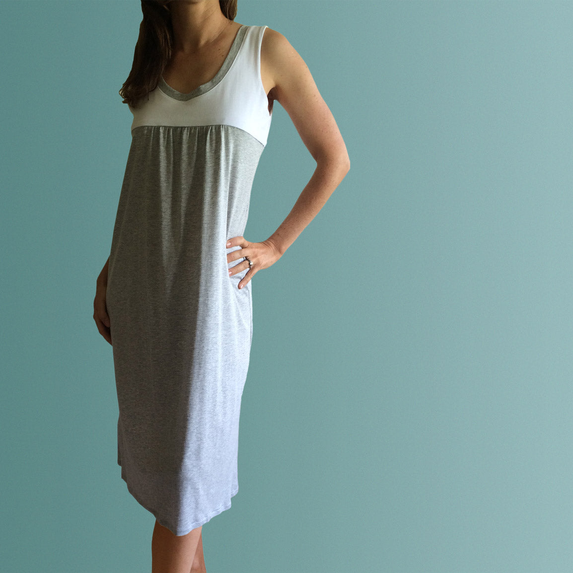 Womens organic clothing. Organic cotton nighties Australia. Summer sleeveless cotton nightie in soft white and grey organic cotton jersey. Plus size nighties.