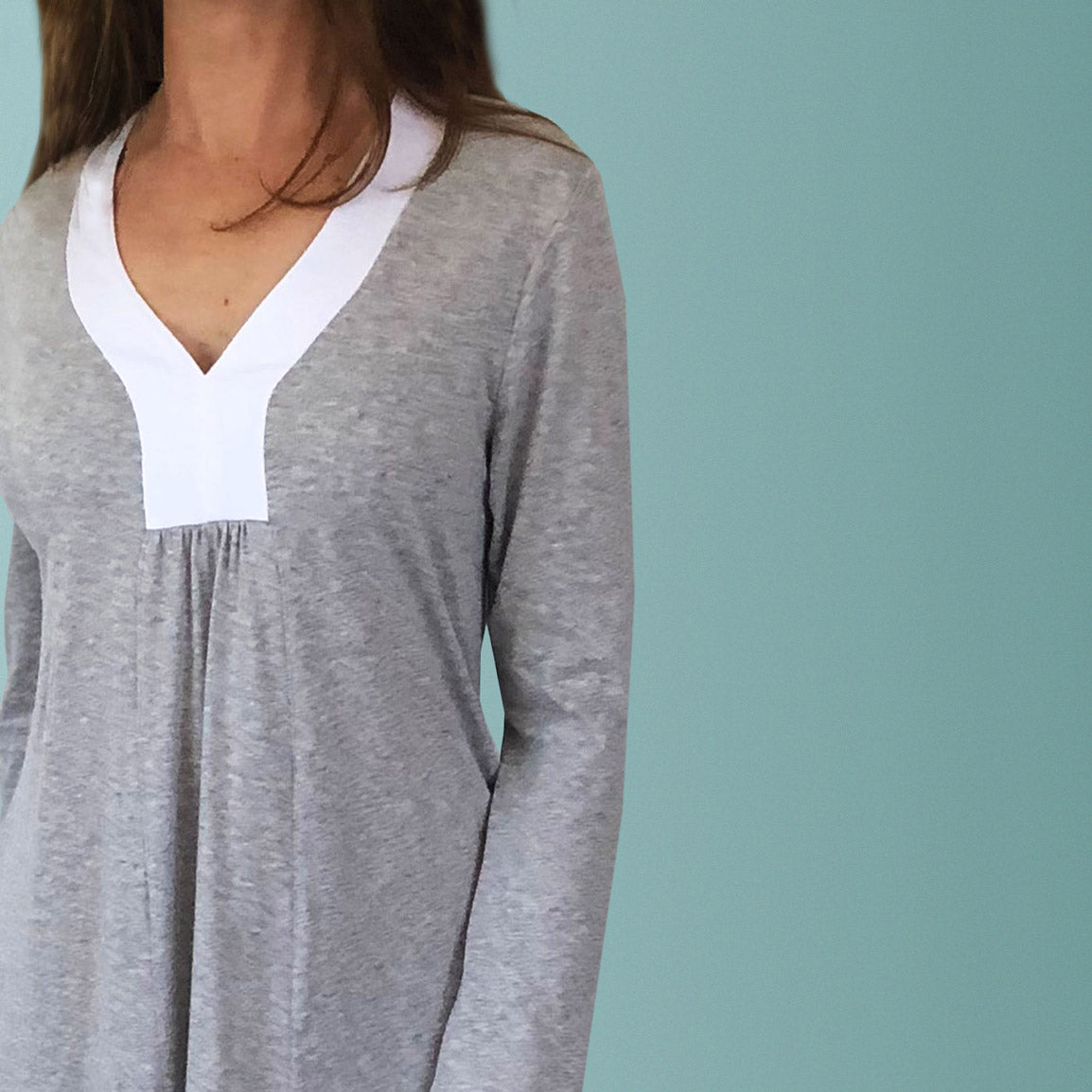 Australian made organic cotton clothing. Organic cotton winter nightie with long sleeves and v-neck. Plus size cotton nightie.