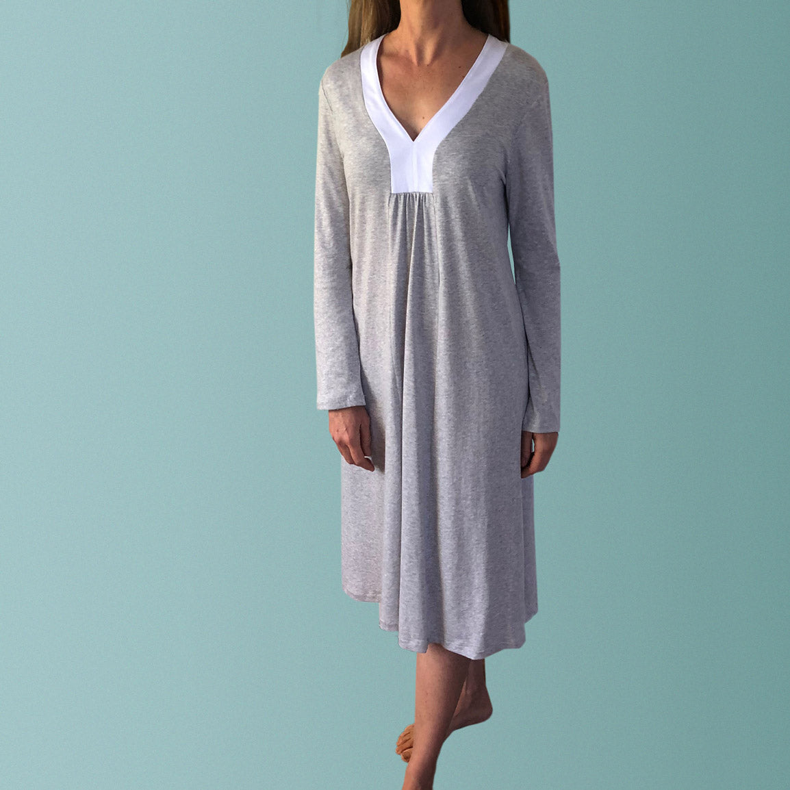 Australian made organic cotton clothing. Organic cotton winter nightie with long sleeves and v-neck. Plus size cotton nightie.