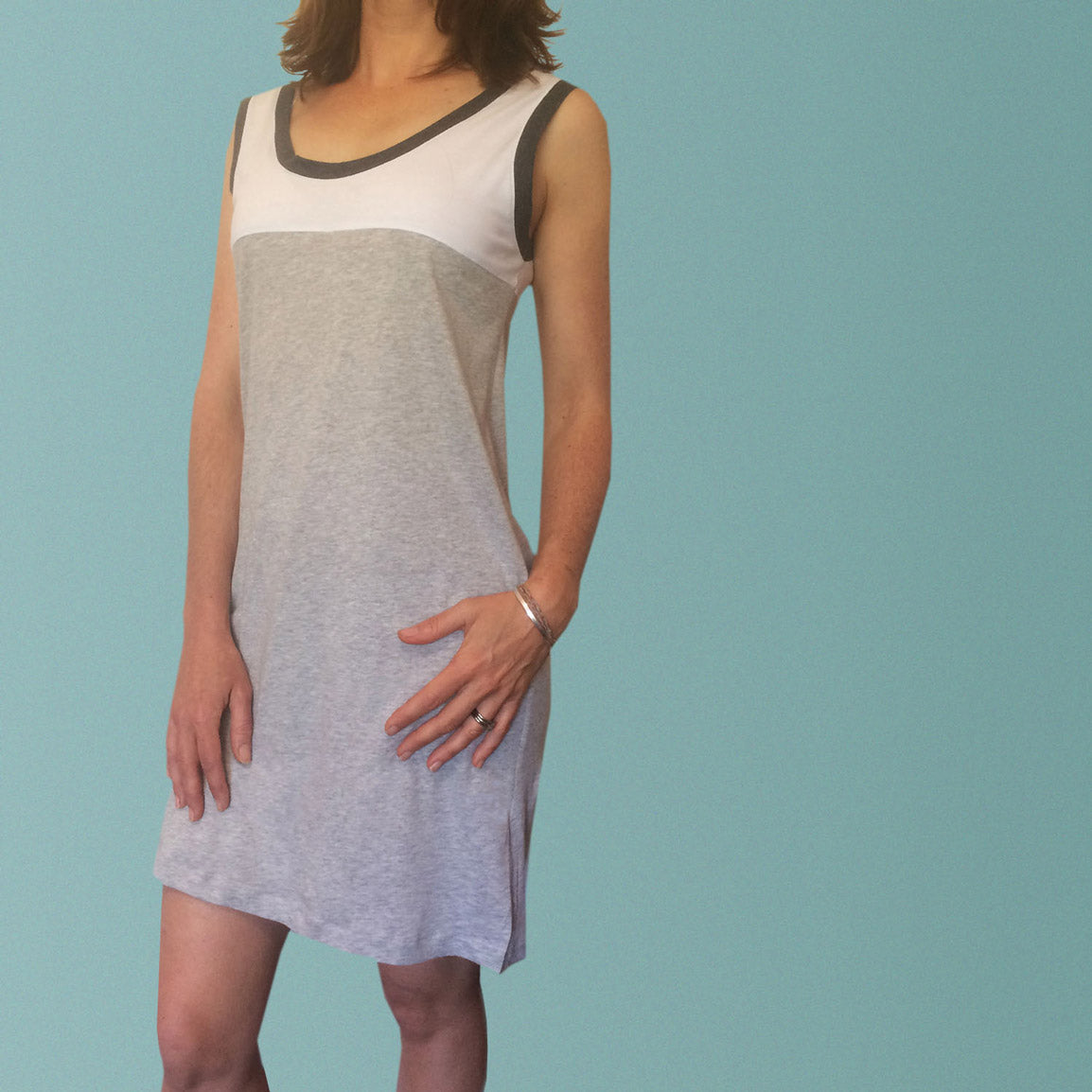 Womens organic clothing. Organic cotton nighties Australia. Winter nightie in soft white and grey organic cotton jersey.