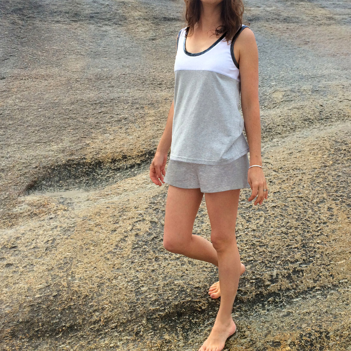 Organic cotton pyjamas Australia. Womens sleepwear. Summer cotton pyjamas with organic cotton singlet and organic cotton shorts.