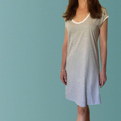 Sleep wear Australia. Organic cotton nighties Australia. Summer nightgown. Grey short nightgown with round neck and white trim. 