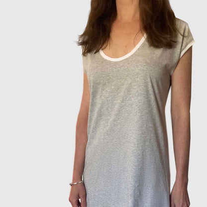 Australia sleepwear. Light grey marle organic cotton nightgown with round neck and white trim. Ethically made in Australia.