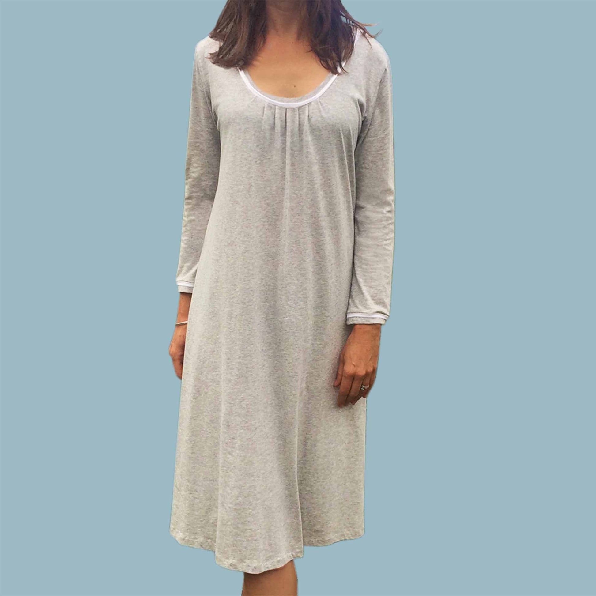 Australia sleepwear. Women's winter organic cotton nightgown. Australian made. Long sleeved light grey marle cotton nightie with mid calf length.