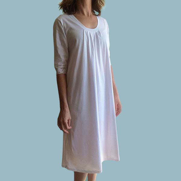 Women's winter cotton nightgown. Australian made. Organic cotton nightie made from soft organic cotton fabric. White cotton and lace nightgown.