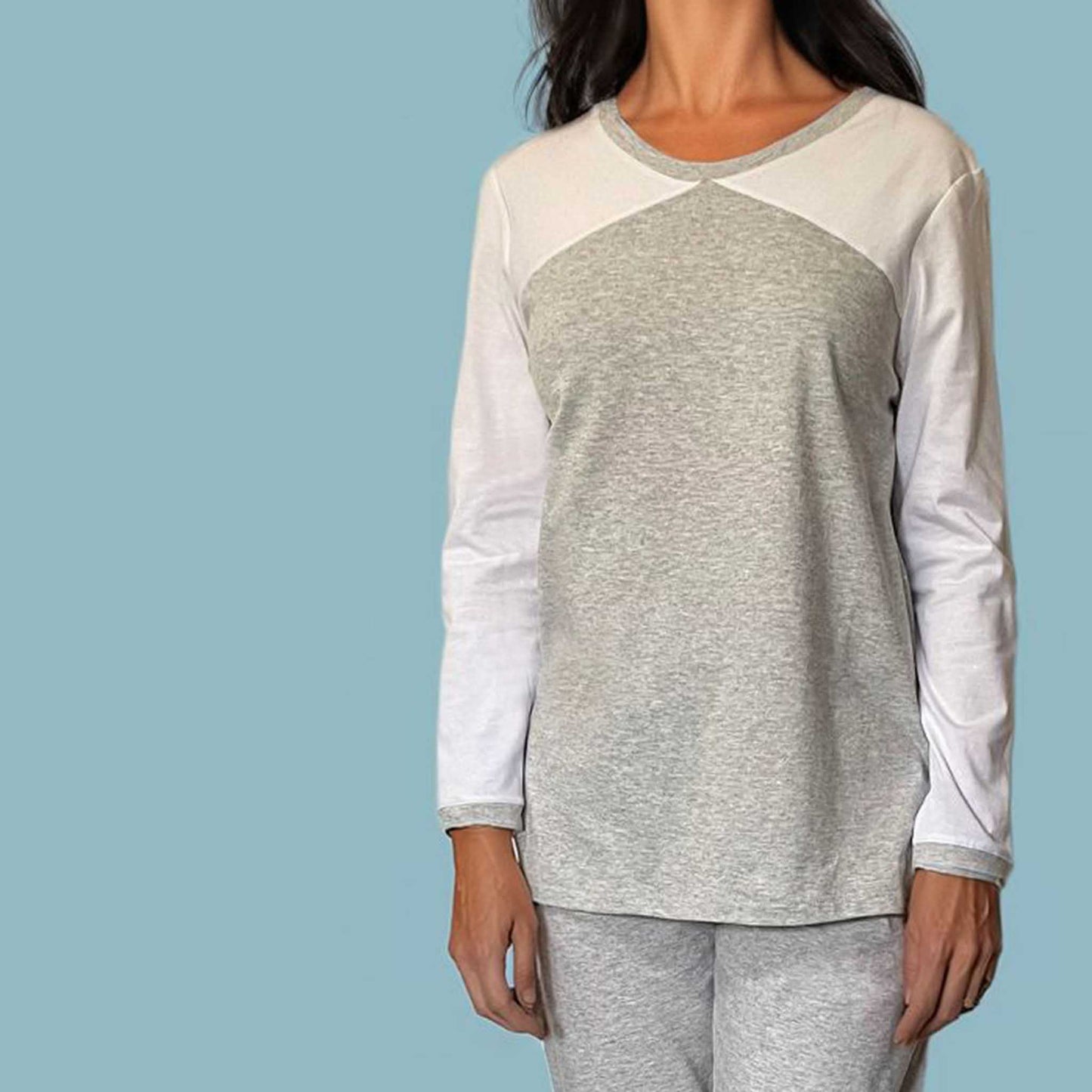 Women pyjamas australia. Organic cotton women pj in white and light grey marle. Made in Australia.