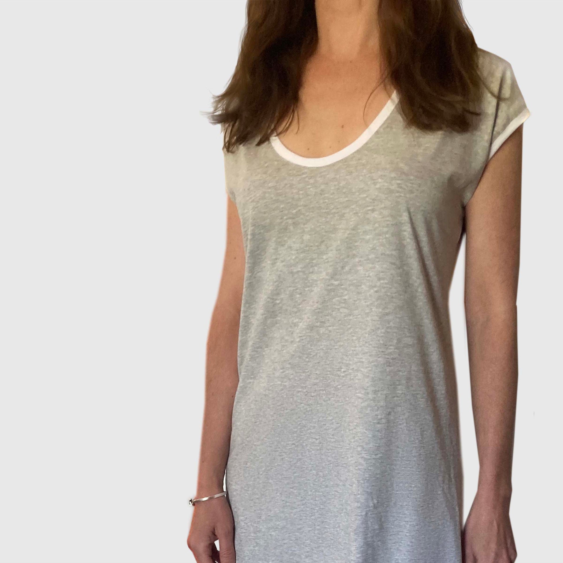 gLight grey marle organic cotton nightgown with round neck and white trim. Ethically made in Australia.