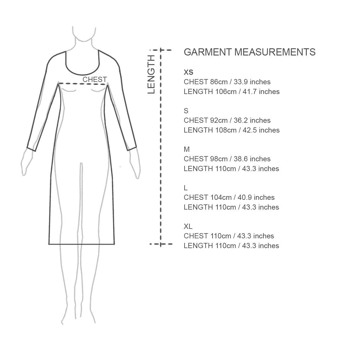 Sizing chart for women's winter organic cotton nightgown. Australian made. Long sleeved light grey marle cotton nightie with mid calf length.