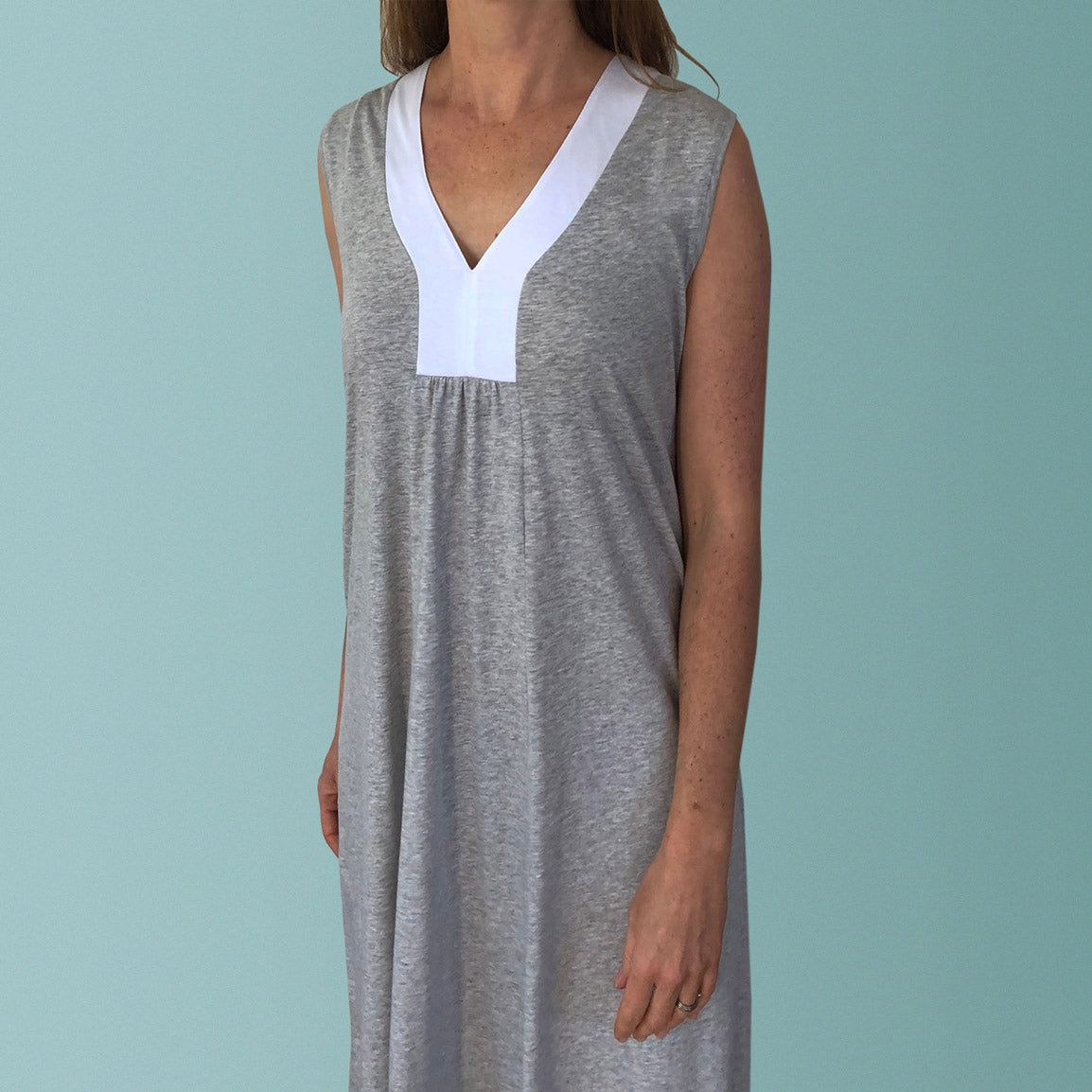 Australian sleepwear. Plus size nighties Australia. Summer nightie in soft white and grey organic cotton jersey. Ethical sleepwear.