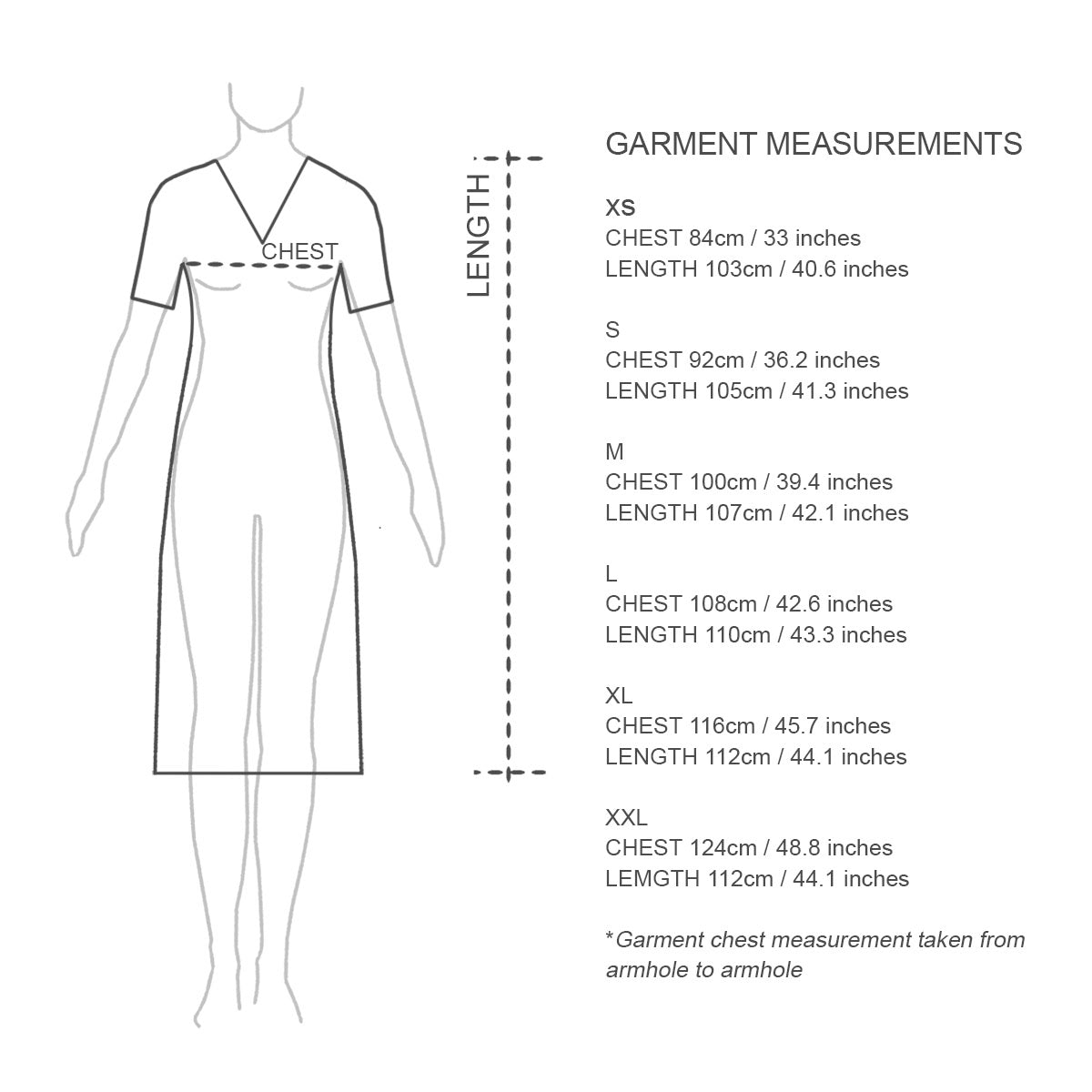 Sizing chart for Rotto winter cotton nightie for women. 