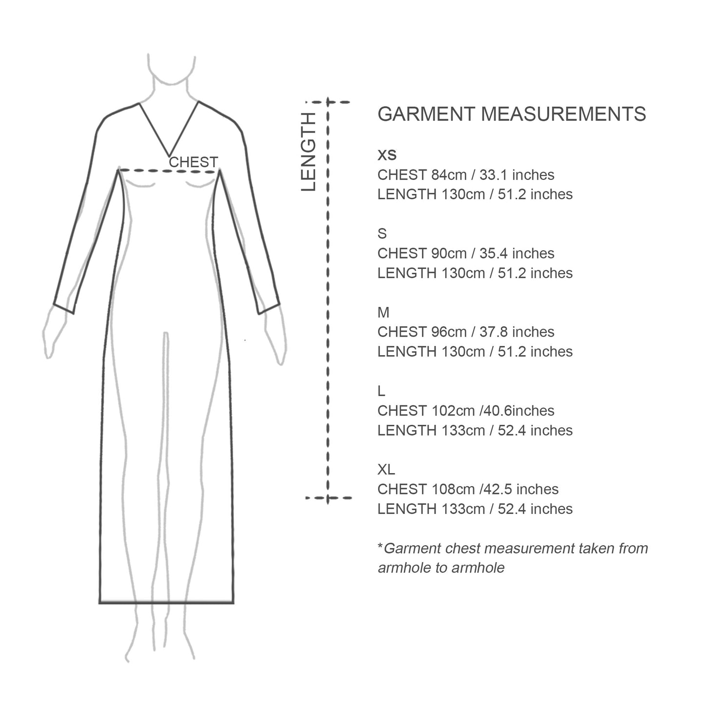 Sizing chart for womens organic cotton nightgown. White winter nightgown.