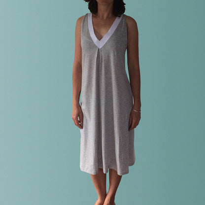 Womens organic clothing. Plus size nighties Australia. Summer nightie in soft white and grey organic cotton jersey.Womens cotton nighties Australia. Organic cotton sleeveless summer nightgown made in Australia. V-neck with centre pleat grey and white cotton nightie. Plus size nightie.