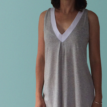 Womens cotton nighties Australia. Organic cotton sleeveless summer nightgown made in Australia. Detail of v-neck with centre pleat grey and white cotton nightie.