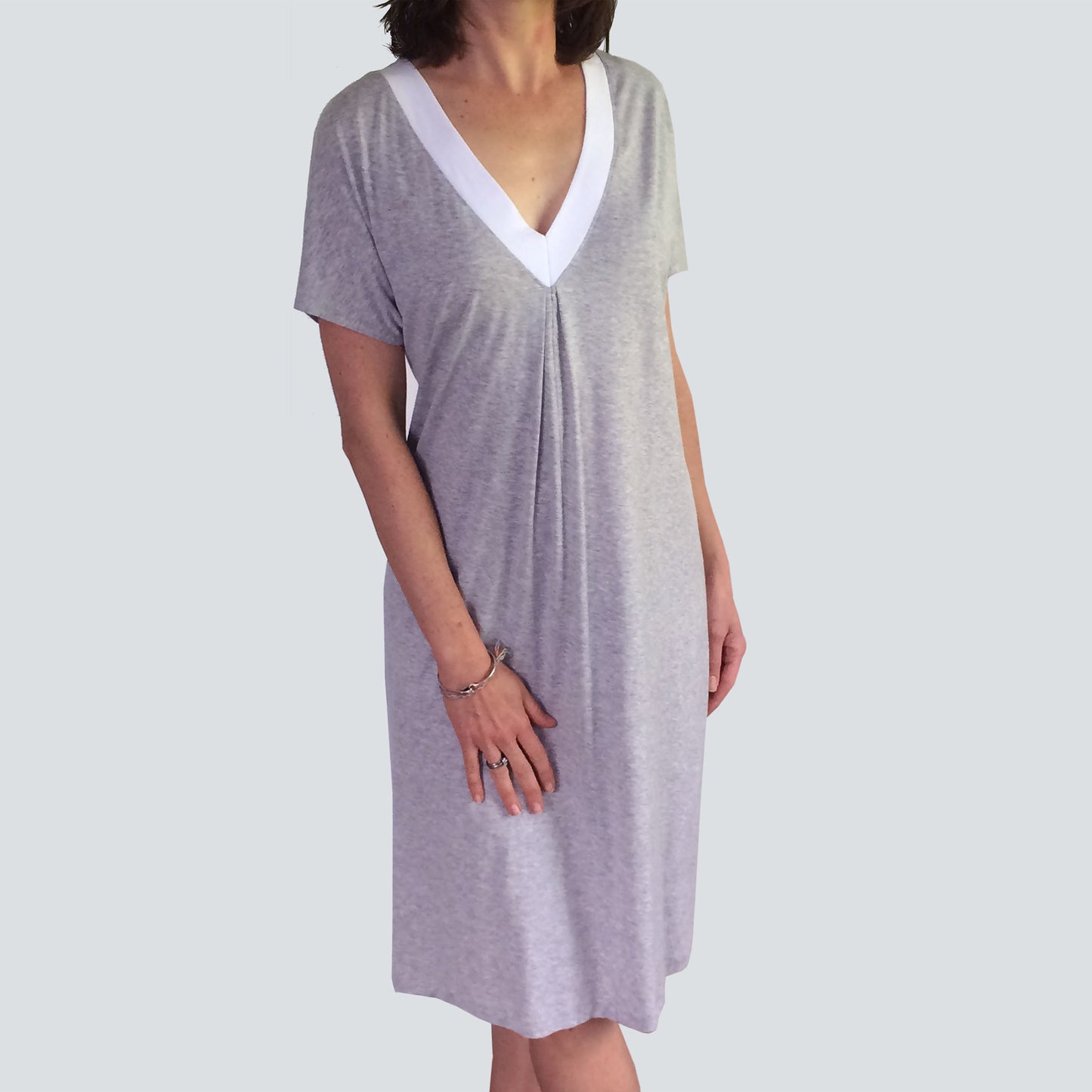 Womens organic clothing. Plus size nighties Australia. Summer nightie in soft white and grey organic cotton jersey.Womens cotton nighties Australia. Organic cotton sleeveless summer nightgown made in Australia. V-neck with centre pleat grey and white cotton nightie. Plus size winter nightie.