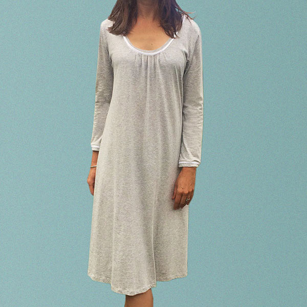 Women's winter organic cotton nightgown. Australian made. Long sleeved light grey marle cotton nightie with mid calf length.