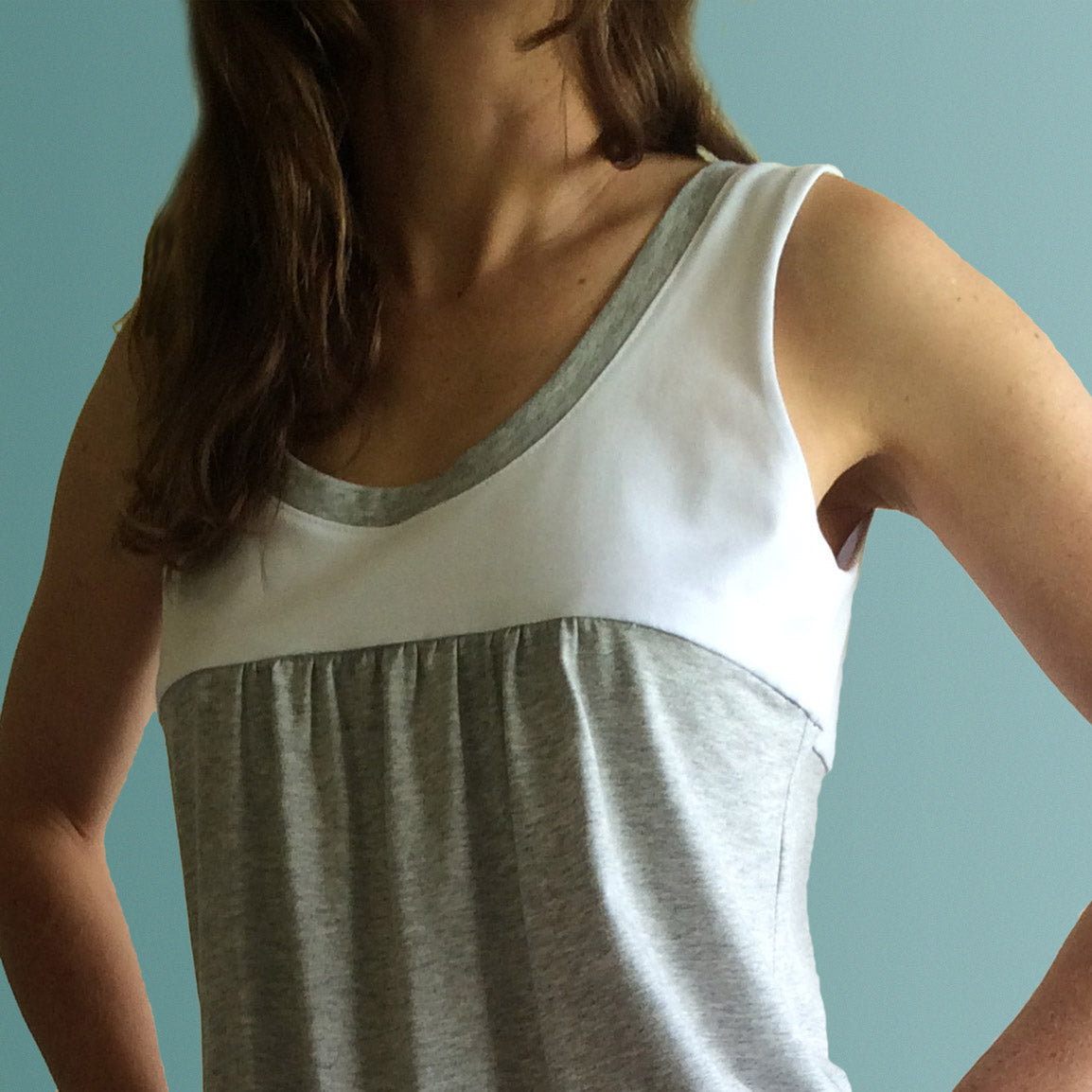 Womens organic clothing. Organic cotton nighties Australia. Summer sleeveless cotton nightie in soft white and grey organic cotton jersey.