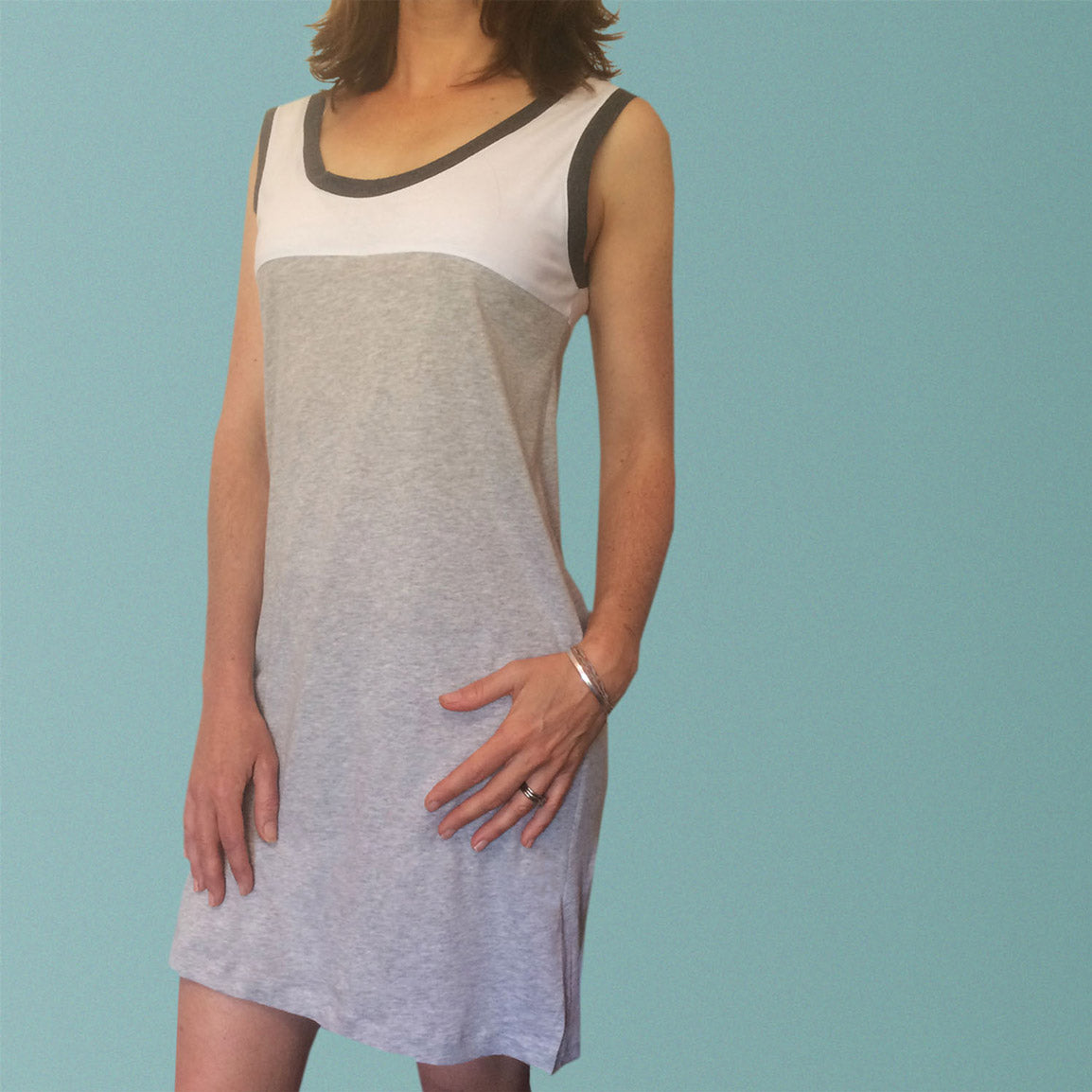 Womens organic clothing. Organic cotton nighties Australia. Winter nightie in soft white and grey organic cotton jersey.