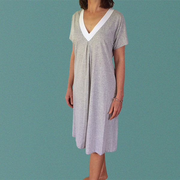 Womens organic clothing. Plus size nighties Australia. Summer nightie in soft white and grey organic cotton jersey.Womens cotton nighties Australia. Organic cotton sleeveless summer nightgown made in Australia. V-neck with centre pleat grey and white cotton nightie. 
